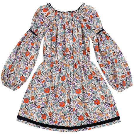 Robe  fleurie   à manches longues et col smocks  chimene Beige marron+Bleu lilas+Bleu roi+Orange vert 19 - vertbaudet enfant 