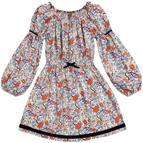 Robe  fleurie   à manches longues et col smocks  chimene Beige marron+Bleu lilas+Bleu roi+Orange vert 18 - vertbaudet enfant 