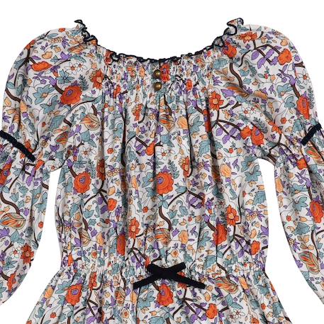 Robe  fleurie   à manches longues et col smocks  chimene Beige marron+Bleu lilas+Bleu roi+Orange vert 17 - vertbaudet enfant 