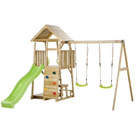 Aire de jeux portique en bois woodi - double balançoire, toboggan, mur d'escalade, bac a sable, table pique nique, cabane, échelle Marron 1 - vertbaudet enfant 