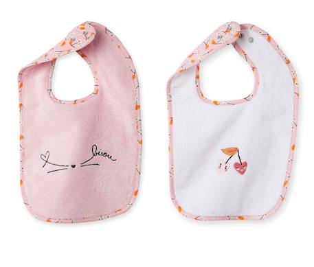 Lot de deux bavoirs escapade kawaii coton blanc et rose Blanc 1 - vertbaudet enfant 