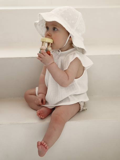 Chapeau en broderie anglaise bébé fille écru+vert sauge+vieux rose 3 - vertbaudet enfant 