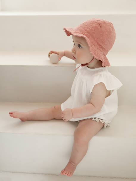 Chapeau en broderie anglaise bébé fille écru+vert sauge+vieux rose 8 - vertbaudet enfant 