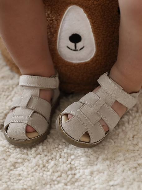 Sandales bébé fermées cuir à scratchs bleu jean+sable 7 - vertbaudet enfant 