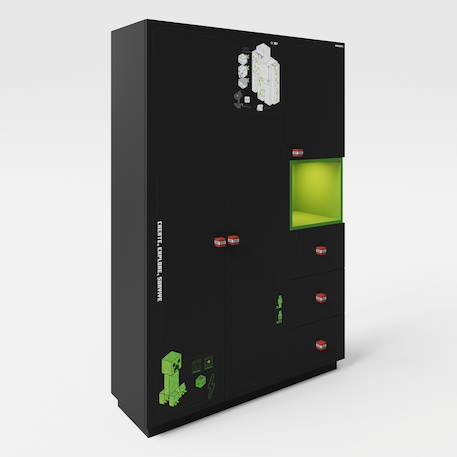 Armoire minecraft 3 portes et 3 tiroirs avec éclairage led Noir - effet carbone noir 3 - vertbaudet enfant 