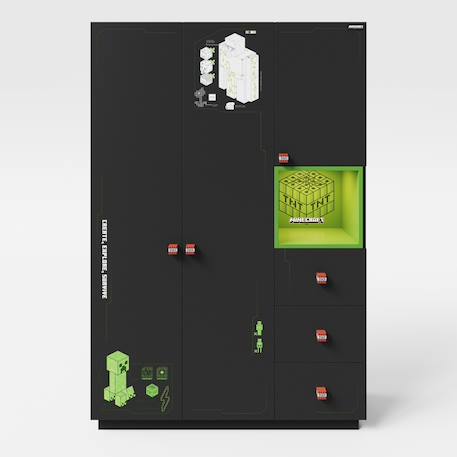 Armoire minecraft 3 portes et 3 tiroirs avec éclairage led Noir - effet carbone noir 1 - vertbaudet enfant 
