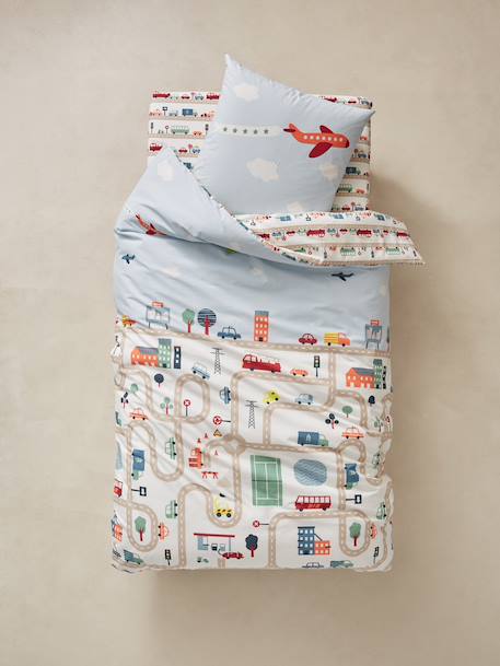 Parure housse de couette + taie d'oreiller enfant AUTO-CITY beige imprimé 2 - vertbaudet enfant 