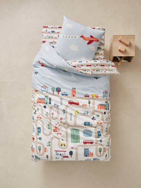 Parure housse de couette + taie d'oreiller enfant AUTO-CITY beige imprimé 1 - vertbaudet enfant 