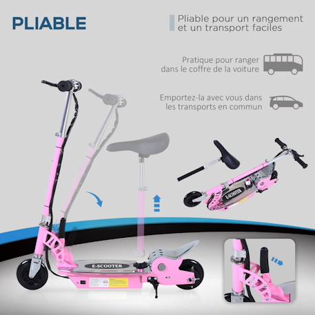 Trottinette électrique enfant pliable 120w 10 km/h max. Hauteur guidon et selle réglable Rose 4 - vertbaudet enfant 