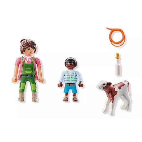 Duo : fermière avec enfant donnant le biberon à un veau 71803 Multicolore 4 - vertbaudet enfant 