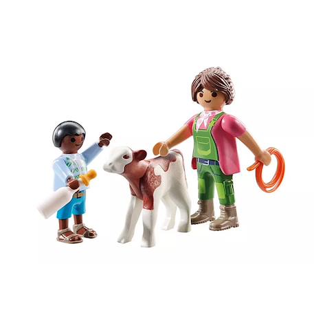 Duo : fermière avec enfant donnant le biberon à un veau 71803 Multicolore 3 - vertbaudet enfant 