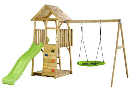 Aire de jeux bois, 2 balançoires, nid, toboggan, escalade, bac à sable woodi Marron 1 - vertbaudet enfant 