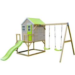 Jouet-Maisonnette enfant extérieur en bois tinni avec plateforme, toboggan et double balançoire