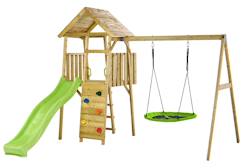 Aire de jeux bois, 2 balançoires, nid, toboggan, escalade, cabane woodi  - vertbaudet enfant