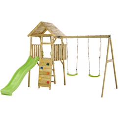 Aire de jeux bois, 2 balançoires, toboggan, escalade, cabane woodi  - vertbaudet enfant