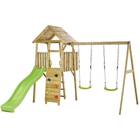 Aire de jeux bois, 2 balançoires, toboggan, escalade, cabane woodi Marron 1 - vertbaudet enfant 