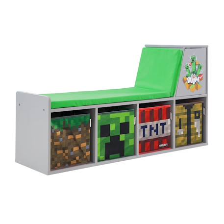Banc de rangement avec 2 coussins et 4 bacs de rangement Gris - motif minecraft 1 - vertbaudet enfant 