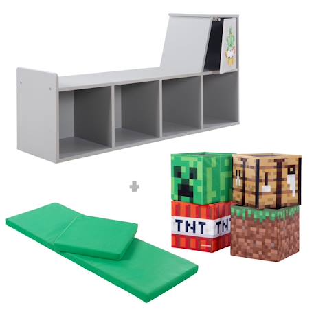 Banc de rangement avec 2 coussins et 4 bacs de rangement Gris - motif minecraft 3 - vertbaudet enfant 