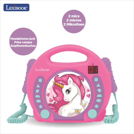 Lecteur cd portable avec 2 microphones coloris licorne MULTICOLORE 2 - vertbaudet enfant 