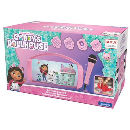 Lexibook Veilleuse Gabby Et La Maison Magique – Enceinte, Projections D'icônes Et Effets Kaléidoscopiques, Batterie 500 MAh, Minuterie 15/30 Min, Prise Auxiliaire