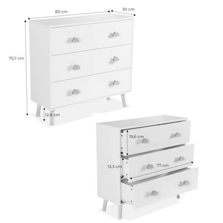 Commode enfant, décor bois, 3 tiroirs, pieds et poignées nuage en pin Blanc 5 - vertbaudet enfant 