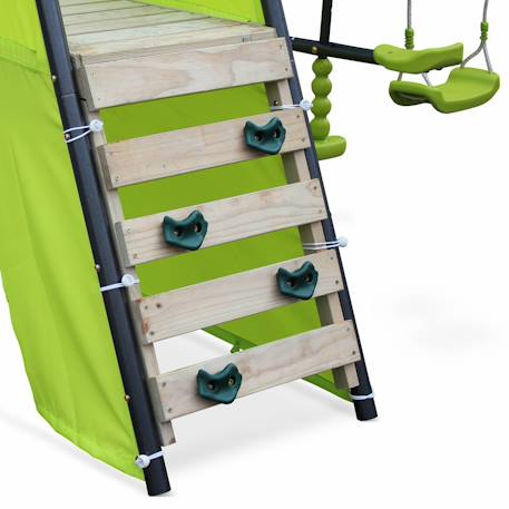 Portique avec balançoires, face à face, toboggan, panier de basket,mur d'escalade, tente Vert 3 - vertbaudet enfant 