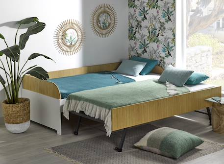 Lit banquette gigogne opus Blanc et bois+Bleu nuit+Mousse 2 - vertbaudet enfant 