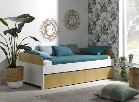 Lit banquette gigogne opus Blanc et bois+Bleu nuit+Mousse 1 - vertbaudet enfant 