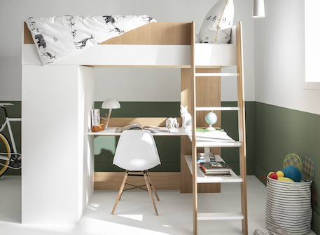 Lit mezzanine + armoire & bureau opus Blanc et bois+Bleu nuit+Mousse 2 - vertbaudet enfant 