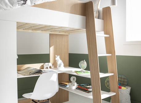 Lit mezzanine + armoire & bureau opus Blanc et bois+Bleu nuit+Mousse 4 - vertbaudet enfant 