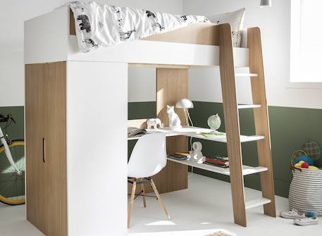 Lit mezzanine + armoire & bureau opus Blanc et bois+Bleu nuit+Mousse 1 - vertbaudet enfant 