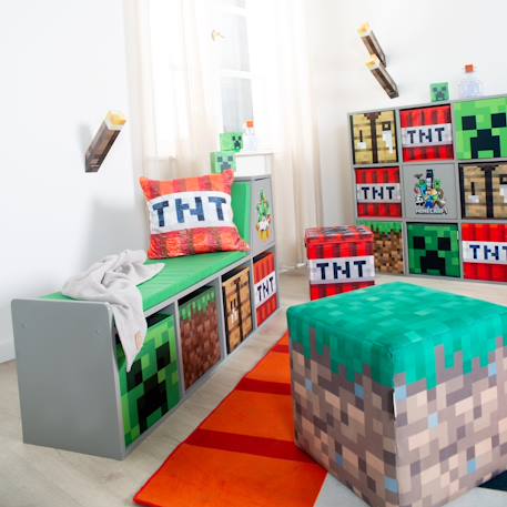 Banc de rangement avec 2 coussins et 4 bacs de rangement Gris - motif minecraft 6 - vertbaudet enfant 