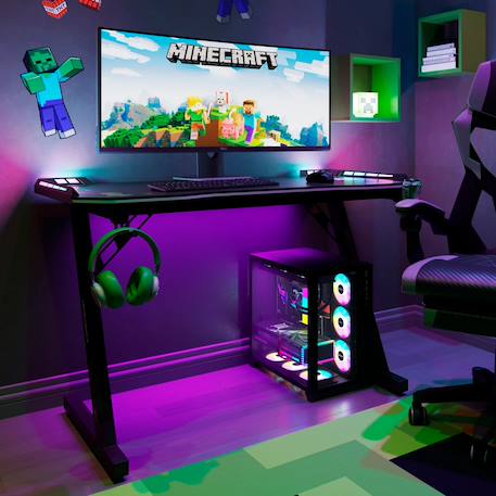 Bureau gaming avec led et support rabattable pour casque et gobelet Noir - minecraft 6 - vertbaudet enfant 