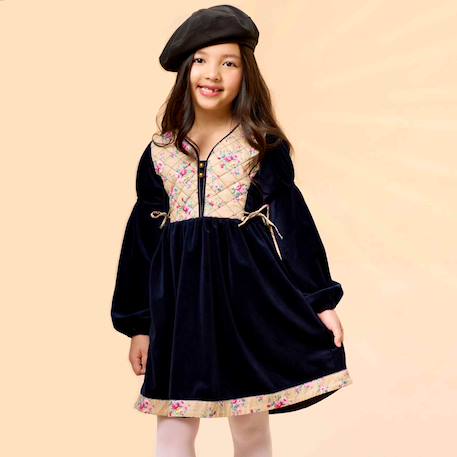 Robe hiver   velours   fleurie   margot Bleu marine beige rose 1 - vertbaudet enfant 