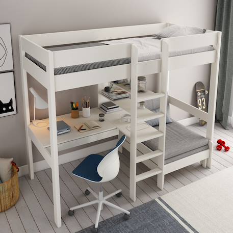 Lit mezzanine avec bureau et chauffeuse pin massif  basile Blanc+Gris 3 - vertbaudet enfant 
