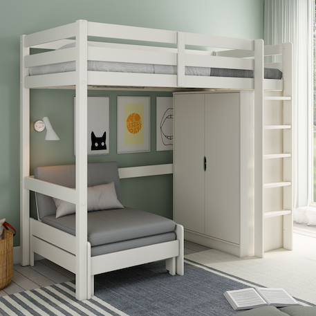 Lit mezzanine avec armoire et fauteuil convertible arthur Blanc+Blanc-bois 1 - vertbaudet enfant 