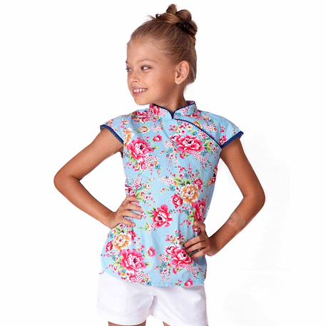 Blouse    fleurie  à col mao  annam Bleu turquoise rose fuchsia 5 - vertbaudet enfant 
