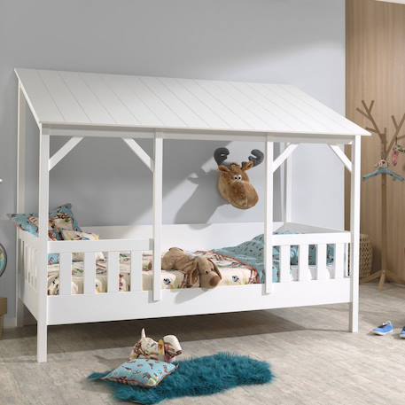 Lit cabane avec barrières et toit imitation bois  henrik Blanc 2 - vertbaudet enfant 