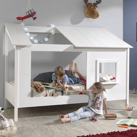 Lit cabane avec façade et fenêtre imitation bois  henrik Blanc 1 - vertbaudet enfant 
