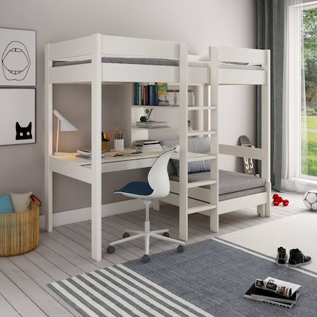Lit mezzanine avec bureau et chauffeuse pin massif  basile Blanc+Gris 1 - vertbaudet enfant 