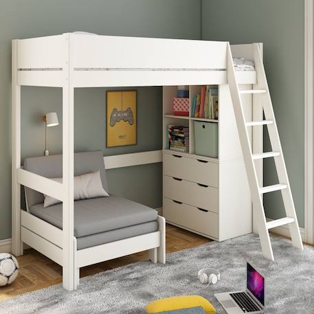 Lit mezzanine avec rangements et chauffeuse pin massif  colette Blanc 1 - vertbaudet enfant 