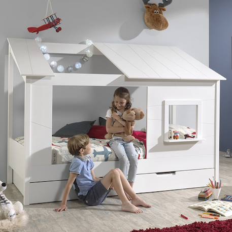 Lit cabane avec façade et fenêtre imitation bois  henrik Blanc 6 - vertbaudet enfant 