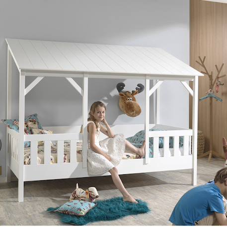 Lit cabane avec barrières et toit imitation bois  henrik Blanc 1 - vertbaudet enfant 