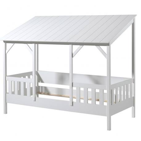 Lit cabane avec barrières et toit imitation bois  henrik Blanc 3 - vertbaudet enfant 