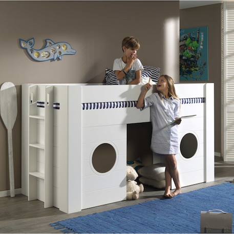 Lit cabane mi-hauteur façade 2 fenêtres imitation bois  henrik Blanc 1 - vertbaudet enfant 
