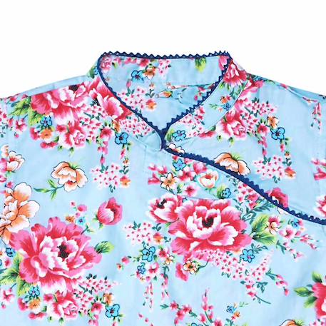 Blouse    fleurie  à col mao  annam Bleu turquoise rose fuchsia 2 - vertbaudet enfant 