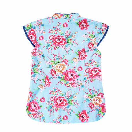 Blouse    fleurie  à col mao  annam Bleu turquoise rose fuchsia 4 - vertbaudet enfant 