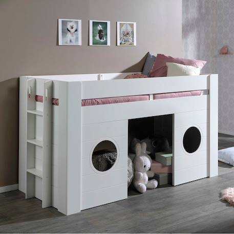 Lit cabane mi-hauteur façade 2 fenêtres imitation bois  henrik Blanc 4 - vertbaudet enfant 