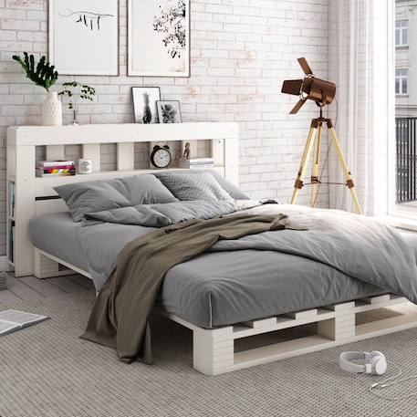 Lit palette avec tête de lit pin massif  siméon Blanc+Bois 1 - vertbaudet enfant 