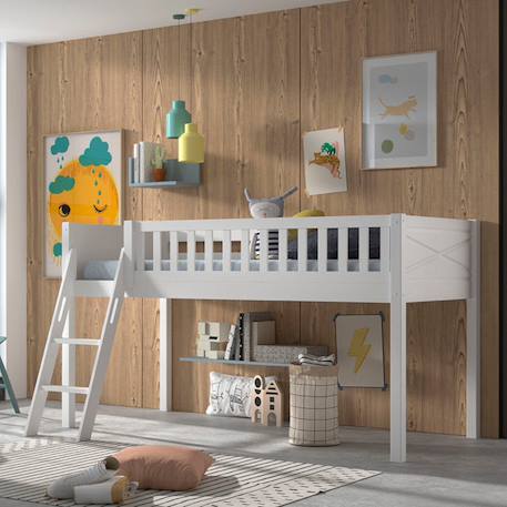 Lit mi-hauteur en pin massif et imitation bois  axel Blanc 1 - vertbaudet enfant 